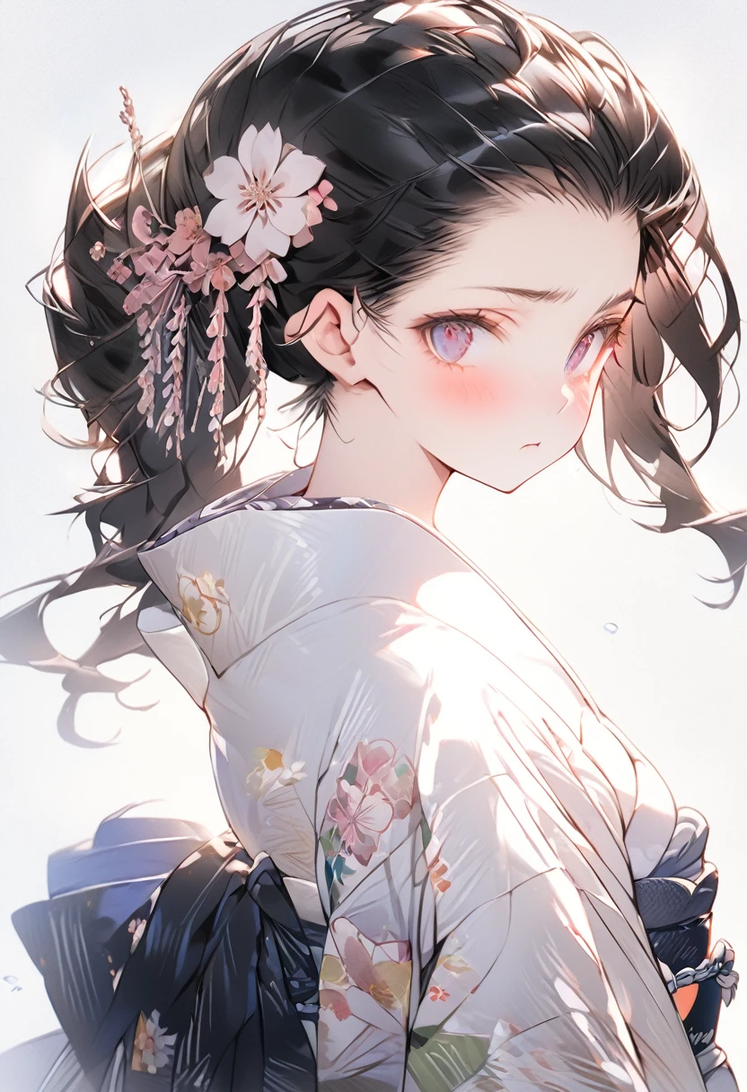 Full body, wearing loose floral yukata, beautiful glossy black obi, masterpiece, hot and languid expression, 8K picture quality, black hair pout, hair slightly pulled back, flower hair ornament, cute, tale-eyed eyes like Japanese anime.