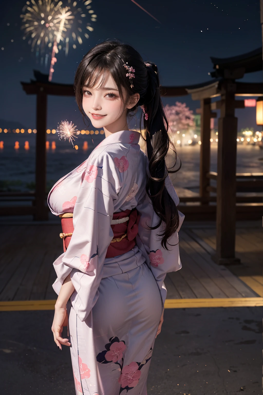 ((16K)),(masterpiece:1.3, Highest quality, Ultra-high resolution, Super detailed), (Realistic, photoRealistic:1.4), Perfect lighting, Depth of written boundary, Browsing Caution, Surrealism,Face Light,(( large breasts)),Beautiful detailed hair,((Beautiful eyelashes)), Beautifully detailed face, Beautiful fine details, Beautiful body, thin脚,Beautiful breasts, Beautiful feet, ((Beautiful nails)), ((Beautiful fingers)), thin, 1 girl, 23 years old,Perfect Face, Long eyelashes,Perfect Anatomy, Supermodel with a long neck,((Skinny1.2)),(Perfect Anatomy,Anatomically correct, Highly detailed skin), Shiny skin,((beautiful girl:1.1)),(Mid-length hair:1.4, Wavy Hair:1.2, low ponytail,Black Hair) ,((With bangs)),Dainty facial structure,((Happy smiling face with mouth wide open:1.3)),Like the whole body,((Booty pose:1.2)),from behind,((wind effect)),((nsfw:0.4)),((wearing very elaborate (pink) yukata with traditional Japanese floral patterns:1.1)),The yukata is short in length, showcasing its vibrant and intricate design, Generate an image of a night sky with colorful fireworks being launched. The background should be filled with a variety of vibrant fireworks, creating a festive and celebratory atmosphere,Beautiful fireworks,((wide shot:1.4)),