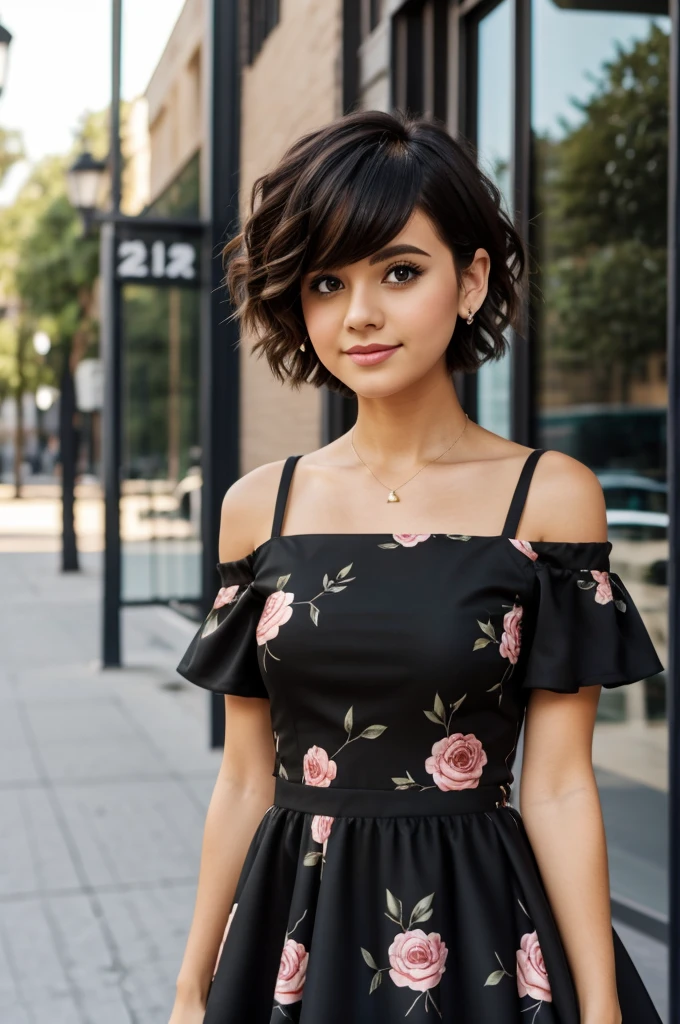Cute short haired  wearing a black puff dress with name printed Aella