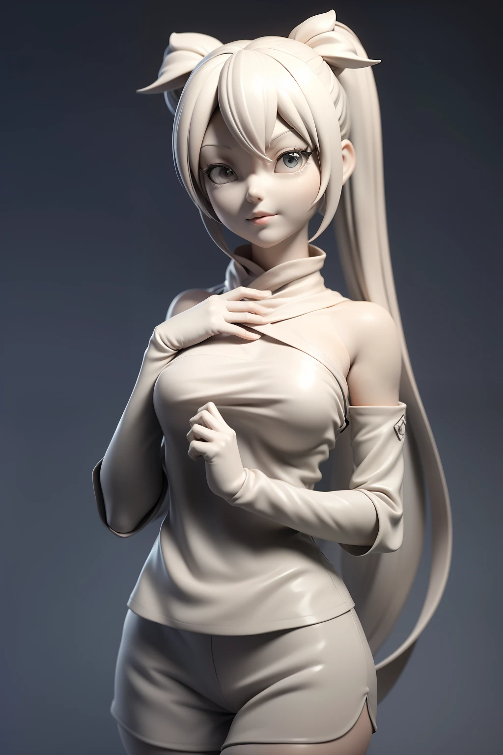 3DMM,Gray clay style,(masutepiece, Best Quality), grayscales, ZBXR, 1girl in, Solo, breasts, greybackground, Simple background, medium breasts, Upper body, White eyes, miku hatsune、miku、hatune