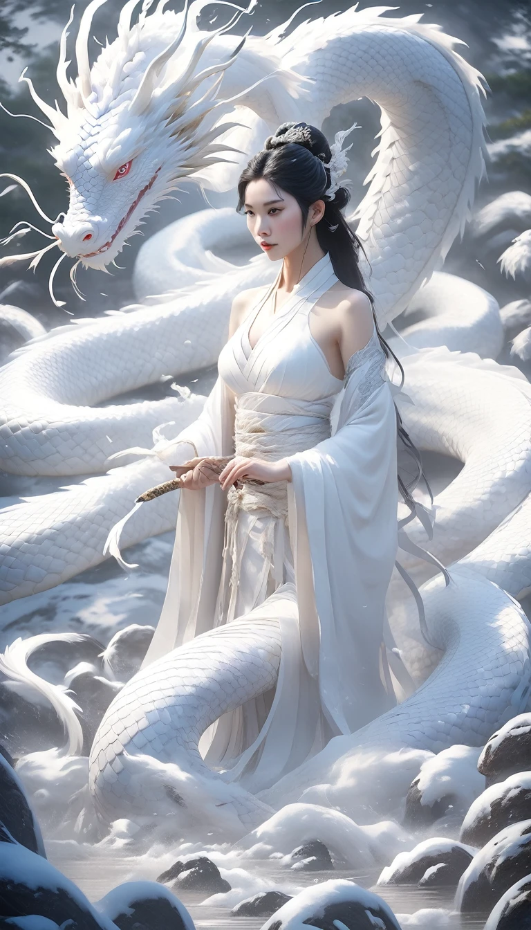 do, Highest quality, Realistic, Cinematic, Detailed face, 8k, Ultra-high resolution, Sharp focus cinematic photography , Highest quality, Super detailed, 8k, mysterious,白い蛇とbeautiful女性,Big white snake,dragon,Asian,Pure white skin,beautiful、goddess