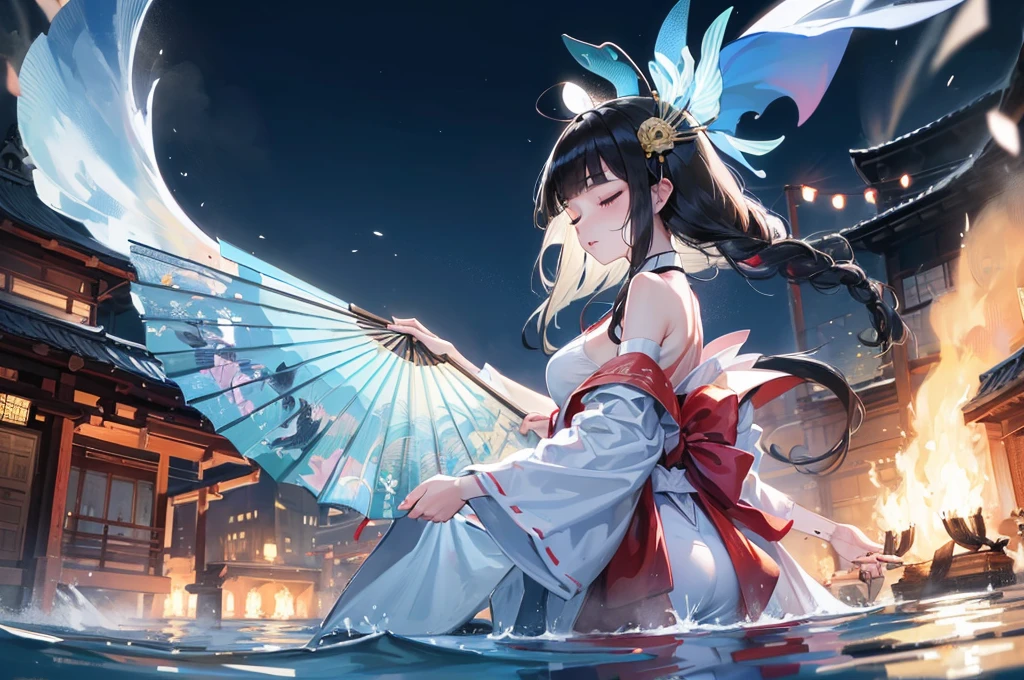 (profile, panoramic, beautiful style), (Kagura Dance), (solo:2, 15 yo), (beautiful blunt bangs:1.3) (beautiful detailed black hair, long hair) (shrine maiden sexy girl, sexy closed eyes, glossy lip), hand holding detailed biggest Folding fan with double exposure:1.3 green), break, in the night water festival scaffold, BREAK, perfect anatomy, masterpiece, best quality, 16k, beautiful detailed campfire, daydreaming expression.