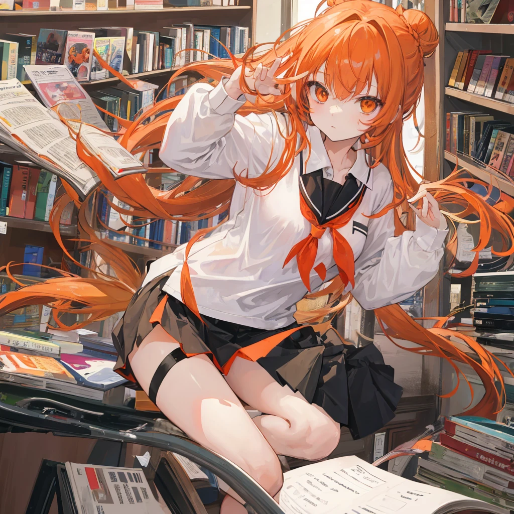 Long Hair、Orange Eyes、Orange Hair、Small breasts、Hair in a bun and down、White polo shirt、Black Skirt、JK、School、Library at dusk、One foot on the desk