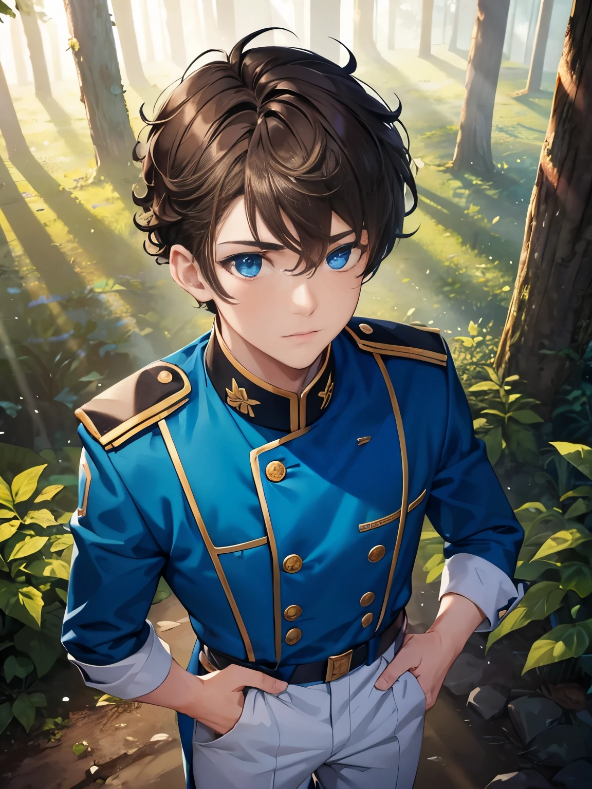 1boy,guy, stand in the forest,Camera angle from above, looking at the viewer,wearing blue army uniform,,blue eyes,half body photo,18 years old,Curly hair,medium hair,undercut hairstyle,light brown hair, ultra detail,masterpiece