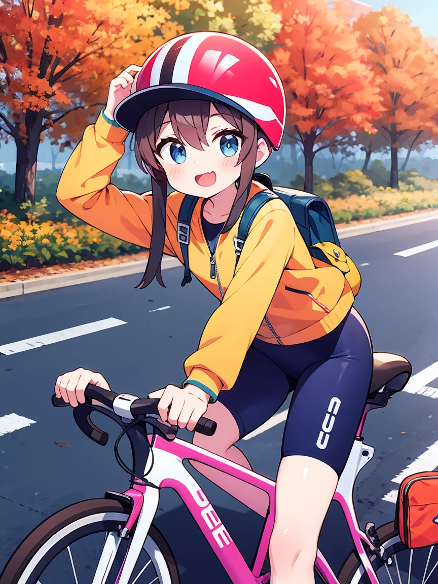 Cycling in the autumn highlands20Year old girl、Bicycle helmet on head、Both feet are firmly on the pedals、