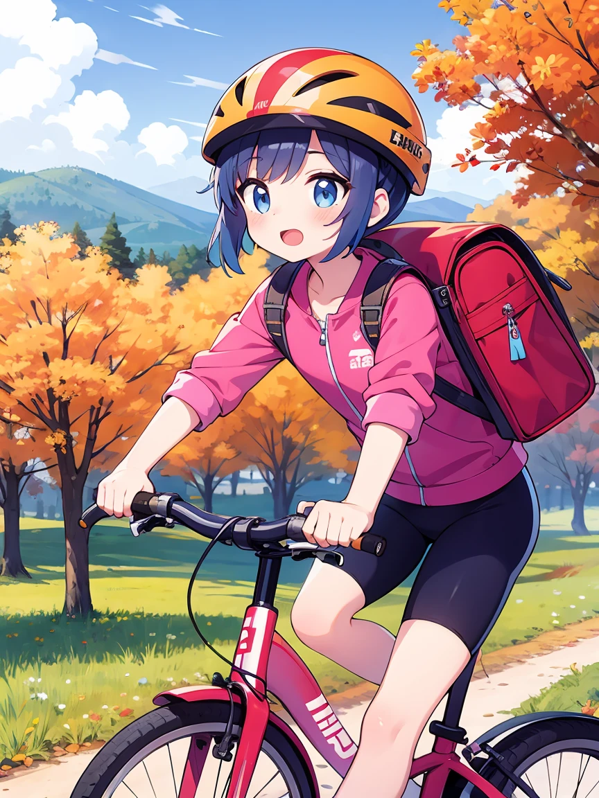 Cycling in the autumn highlands20Year old girl、Bicycle helmet on head、Both feet are firmly on the pedals、