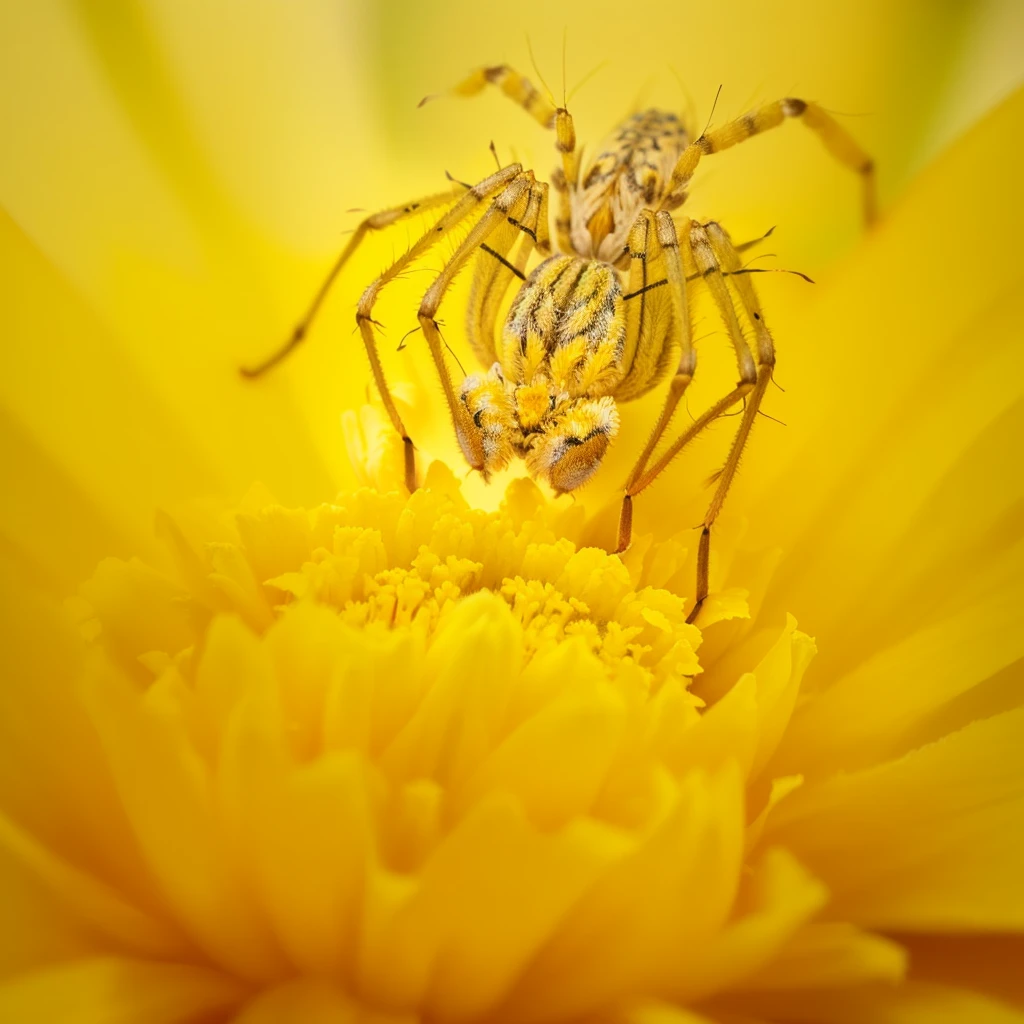 There is a spider sitting on a yellow flower, Macro Photography 25mm, hd macro photographs, king in yellow, close up!!!!!, A macro photo, Macro Photography 8k, Stunning details, 35mm Macro Photography, !!!!, Macro Photography, award winning Macro Photography, centered close up, close up, tone