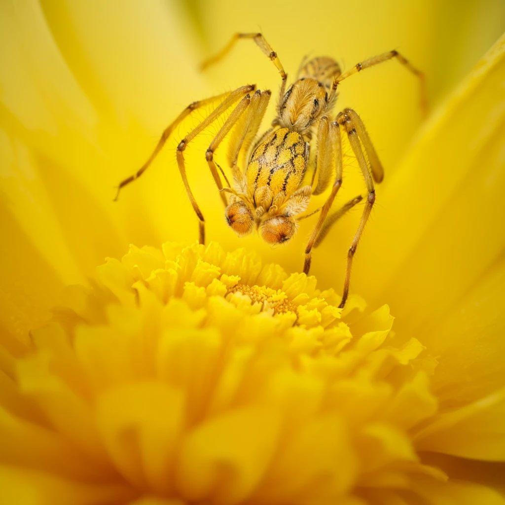 There is a spider sitting on a yellow flower, Macro Photography 25mm, hd macro photographs, king in yellow, close up!!!!!, A macro photo, Macro Photography 8k, Stunning details, 35mm Macro Photography, !!!!, Macro Photography, award winning Macro Photography, centered close up, close up, tone