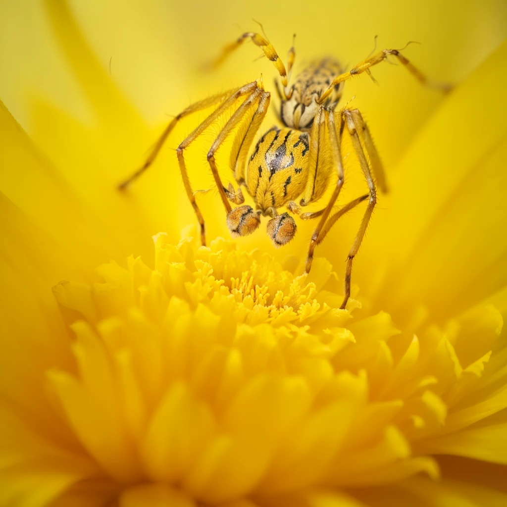 There is a spider sitting on a yellow flower, Macro Photography 25mm, hd macro photographs, king in yellow, close up!!!!!, A macro photo, Macro Photography 8k, Stunning details, 35mm Macro Photography, !!!!, Macro Photography, award winning Macro Photography, centered close up, close up, tone