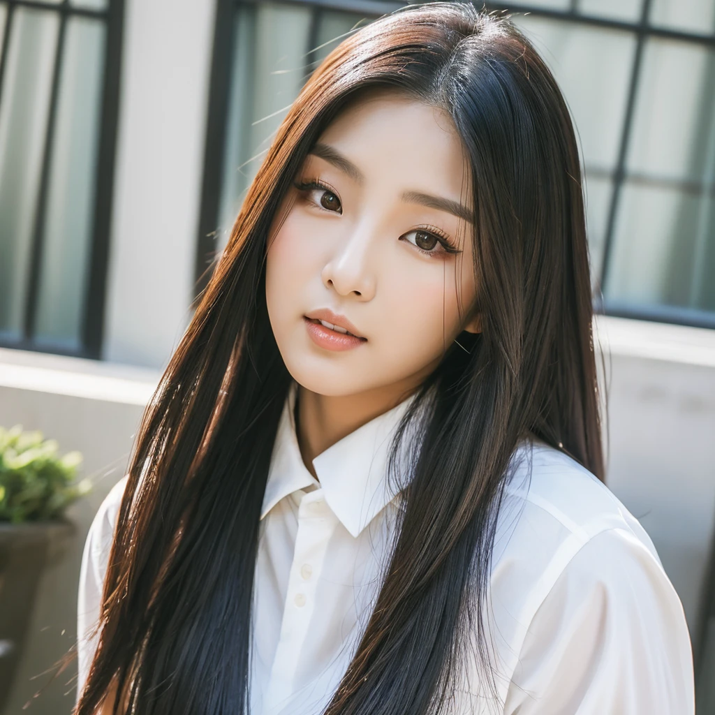 a woman with long hair,eyes black, korean girl, beautiful south korean woman, Asian characteristics, Hwasa do MAMAMOO , korean woman, beautiful young korean woman, Gongbi, gorgeous young korean woman, role model | artgerm,  Chinesa, beautiful asian girl, Ilya Kuvshinov com um gato branco