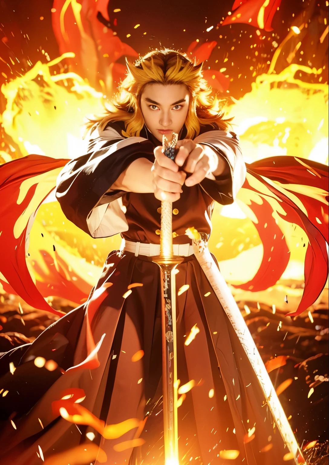 rengoku, demon slayer, male, yellow hair, yellow eyes, black demon slayer uniform, holding a sword, friendly face, detailed hand, detailed sworld, fire effect:1.5, fire background:1.2, light effect:1.2, ultra-realistic1.2, ultra-detailed1.2, bestquality, masterpiece.