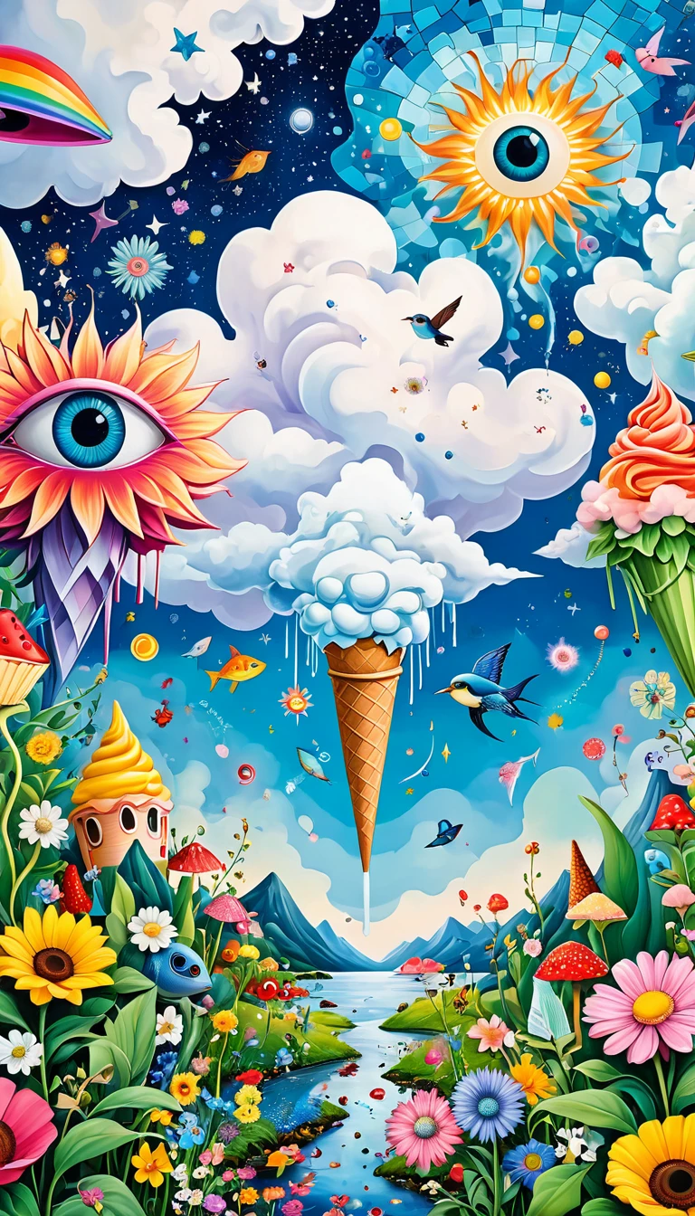 Children's graffiti,Artists from the stars，Ice cream cones、Eruption Cloud、sky、flowesh、章fish触手瀑布。、bird、Eye、diatom，Abstract mosaic painting，Describing the inner world of autistic people，Large area of white，interesting，Innocence，Vision，Psychedelic Art，
