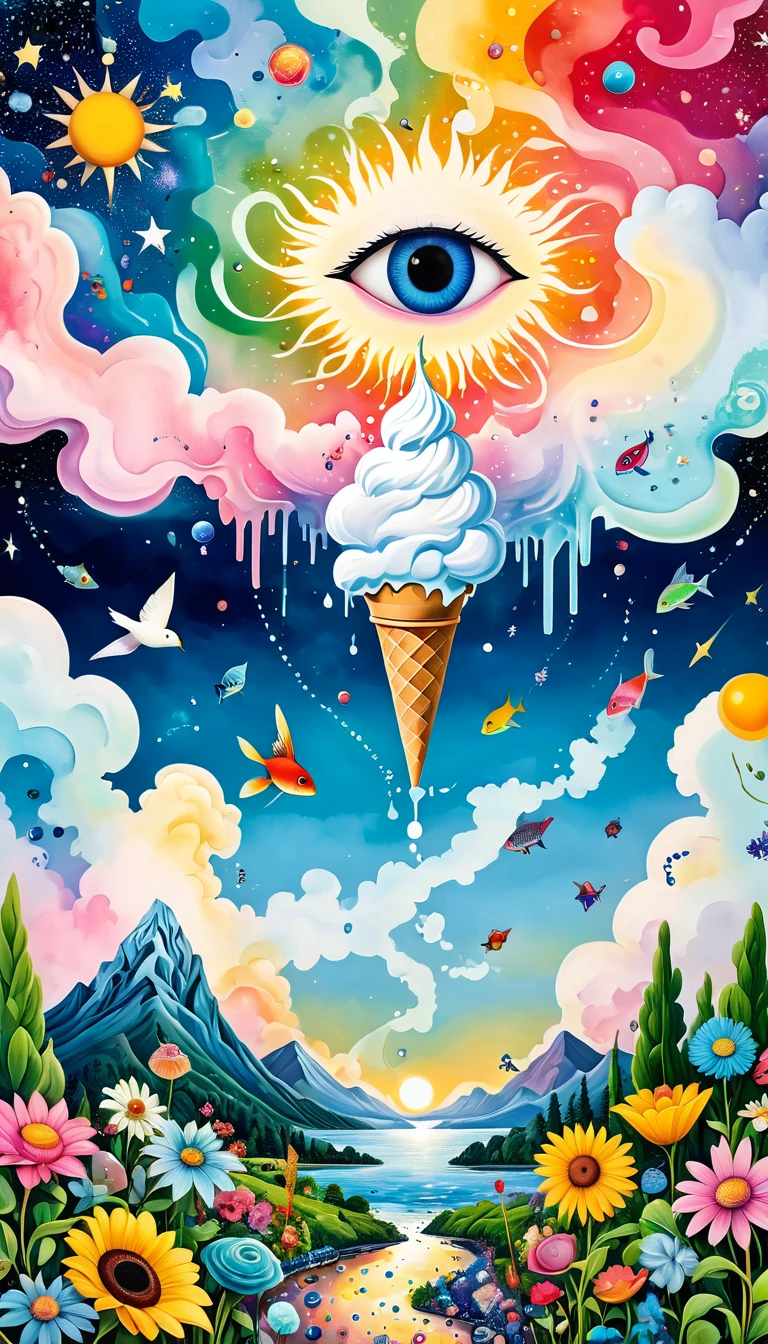 Children's graffiti,Artists from the stars，Ice cream cones、Eruption Cloud、sky、flowesh、章fish触手瀑布。、bird、Eye、diatom，Abstract mosaic painting，Describing the inner world of autistic people，Large area of white，interesting，Innocence，Vision，Psychedelic Art，

