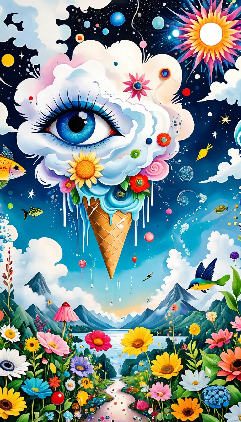 Children's graffiti,Artists from the stars,Ice cream cones、Eruption Cloud、sky、flowesh、章fish触手瀑布。、bird、Eye、diatom,Abstract mosaic painting,Describing the inner world of autistic people,Large area of white,interesting,Innocence,Vision,Psychedelic Art,