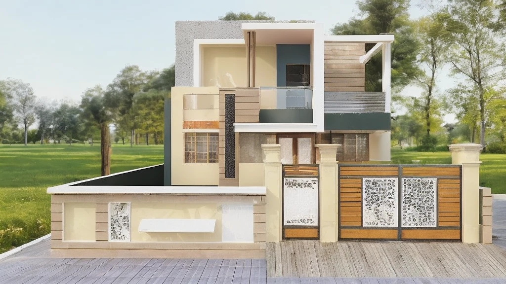 Realistic images, extremely detailed, a modern house, 1 road in font of house, large yard made by ceramic, (1 car), brick fence, lawn, a few small flowers, a road in front of the house, main materials of the house are white walls and red brick, Modern design, clear blue sky, sunrise light, light from inside, dynamic light,shimering light, cinematic light, romantic feeling, (((day light, warm light))), (((warm light indoor 0.5))).