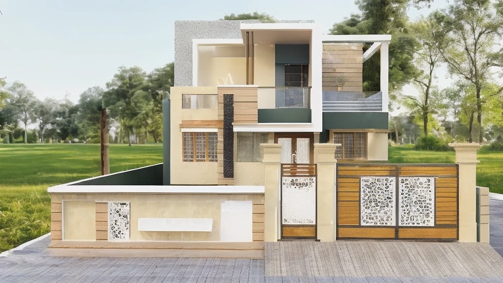 Realistic images, extremely detailed, a modern house, 1 road in font of house, large yard made by ceramic, (1 car), brick fence, lawn, a few small flowers, a road in front of the house, main materials of the house are white walls and red brick, Modern design, clear blue sky, sunrise light, light from inside, dynamic light,shimering light, cinematic light, romantic feeling, (((day light, warm light))), (((warm light indoor 0.5))).