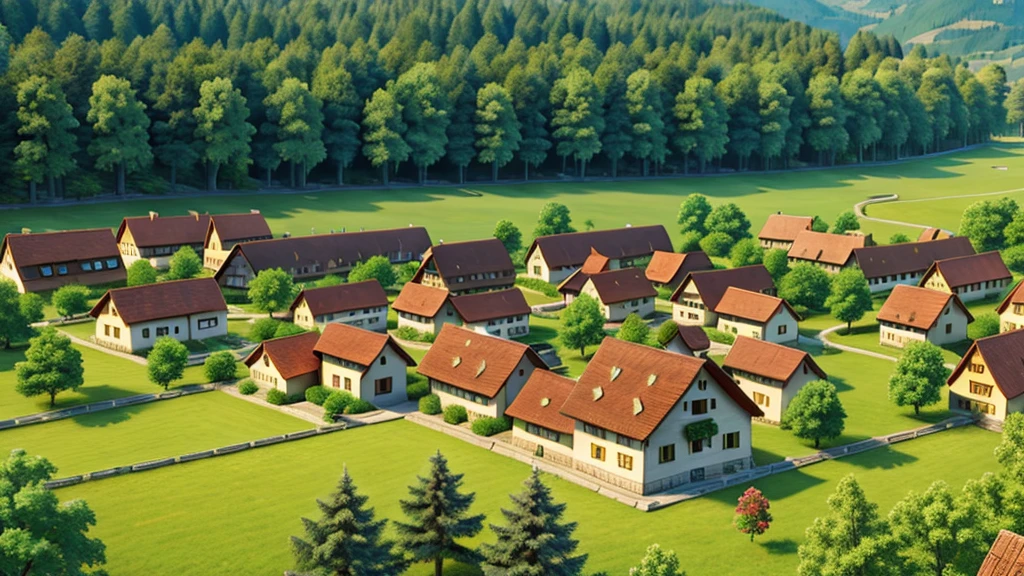 Beautiful scene of ancient Swiss village. Aerial view, Photorealistic photos, High definition.