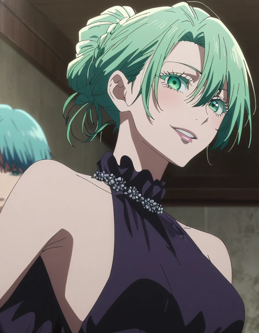1girl, female gojo satoru, anime screencap from jujutsu kaisen, gojo satoru female version, solo, long_Green hair, hair strands, hair bun, black round sunglasses, Green Eyes, parted_lips, smiling, looking_at_viewer, perfect background, indoors, side view, eyelashes, (elegant prom night outfit), hair_between_eyes, floating hair, (hair slicked from one side), Party hall,