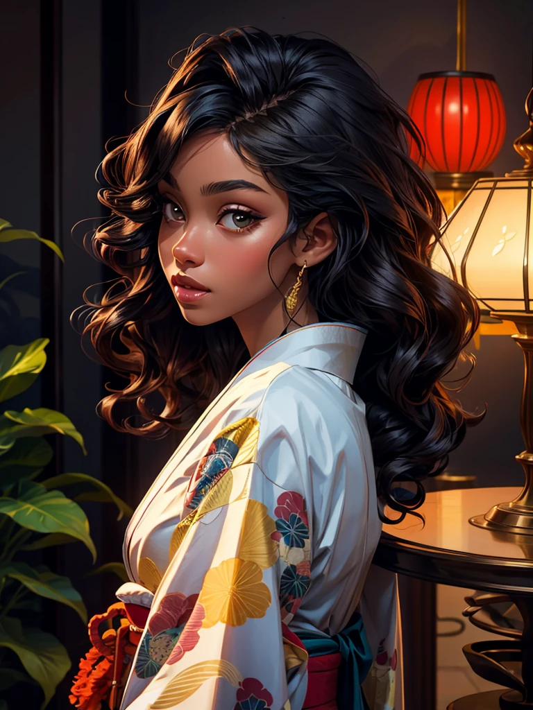 masterpiece, best quality, beautiful black and Asian mixed 19 year old, ebony skin female, long, frizzy, curly dark hair, perfect face, half body, long hair, wearing kimono_clothes, melanin
sultry look, seductive,