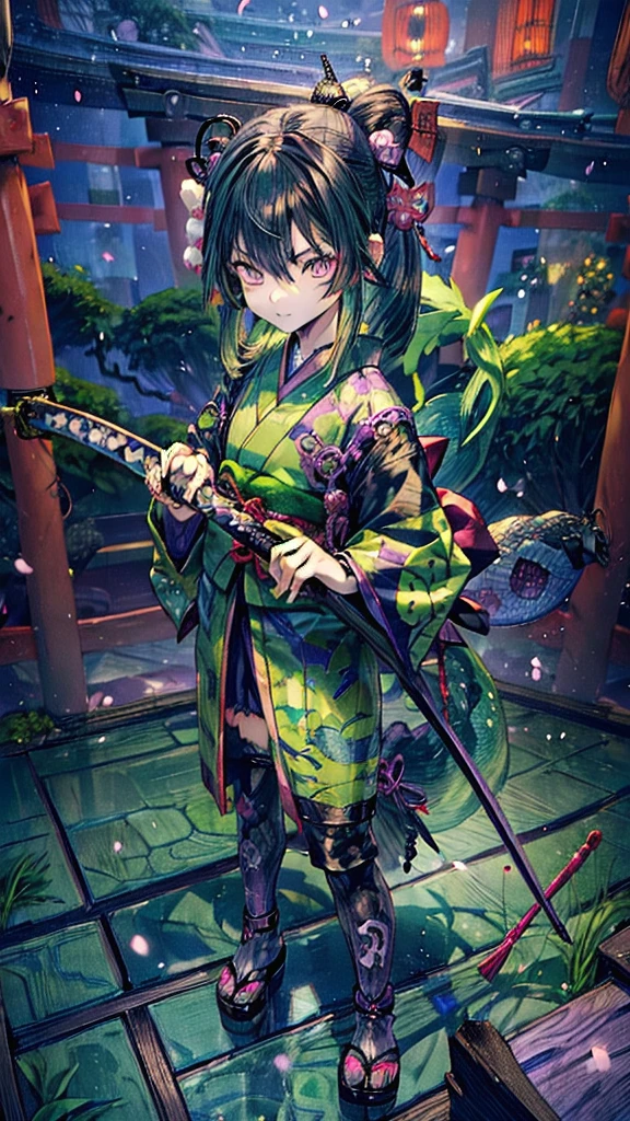 ((Personification of Yamata no Orochi))) (Beauty)、snake print tights、(((Japanese style goth ))) (Dark green hair)、(Sword wielder)He has a sword in his right hand