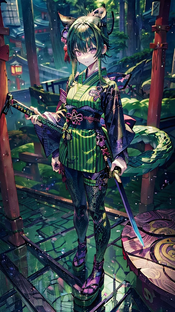 ((Personification of Yamata no Orochi))) (Beauty)、snake print tights、(((Japanese style goth loli))) (Dark green hair)、(Sword wielder)He has a sword in his right hand