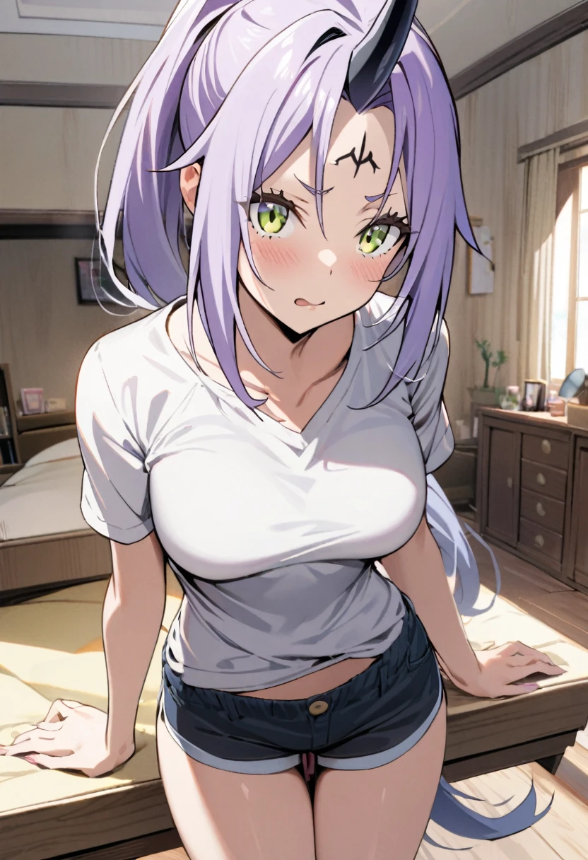 1girl, shion \(tensei shitara slime datta ken\), tensei shitara slime datta ken,One black horn growing out of the forehead,purple hair,pony tail,shirt,shorts,room,masterpiece, best quality, absurdres,