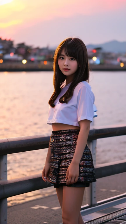 Girl with a flamboyant appearance and rebellious attitude, Japanese yankee, lone girl, bright and loud patterned clothes, extremely short skirt, gal style with emphasis on cuteness, light brown hair, thick eyeliner and flashy colored eye shadow, false eyelashes to make eyes look bigger and more impressive, dark makeup all around Hakodate seaside townscape background, evening, sunset