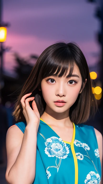 Girl with a flamboyant appearance and rebellious attitude, Japanese yankee, lone girl, bright and loud patterned clothes, extremely short skirt, gal style with emphasis on cuteness, light brown hair, thick eyeliner and flashy colored eye shadow, false eyelashes to make eyes look bigger and more impressive, dark makeup all around Hakodate seaside townscape background, evening, sunset