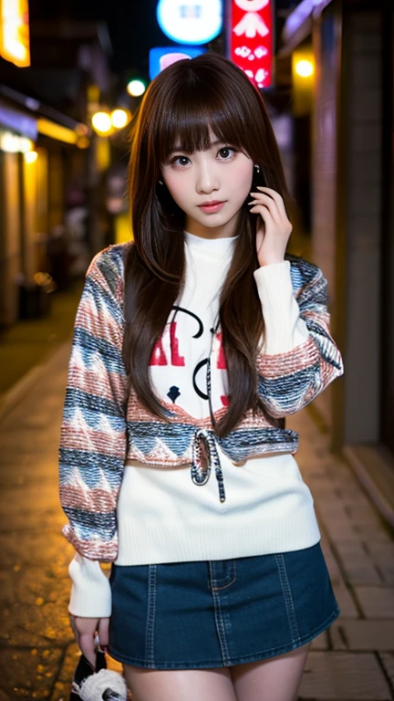 Girl with a flamboyant appearance and rebellious attitude, Japanese yankee, lone girl, bright and loud patterned clothes, extremely short skirt, gal style with emphasis on cuteness, light brown hair, thick eyeliner and flashy colored eye shadow, false eyelashes to make eyes look bigger and more impressive, dark makeup all around Hakodate seaside townscape background, evening, sunset