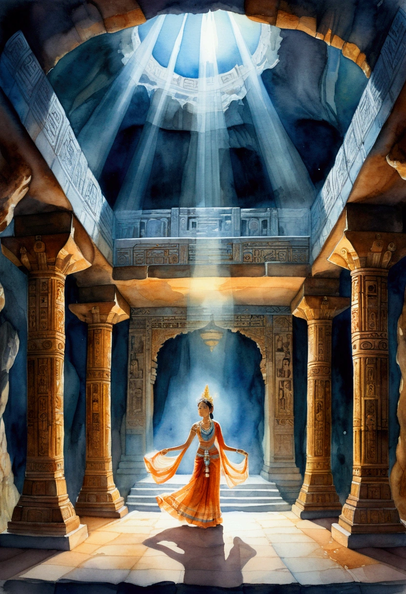 An watercolor image, scene of an ancient underground temple within a vast cave. Moonlight streams through ornate ceiling openings, illuminating a central altar where a graceful young lady in ceremonial attire performs a ritual dance, mystical aura emits from her body. Mysterious symbols glow faintly on the cave walls, adding to the ethereal atmosphere