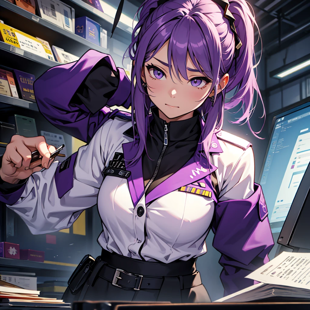 Imagine the MBTI Commander、Create a single, hard-working woman in purple.。