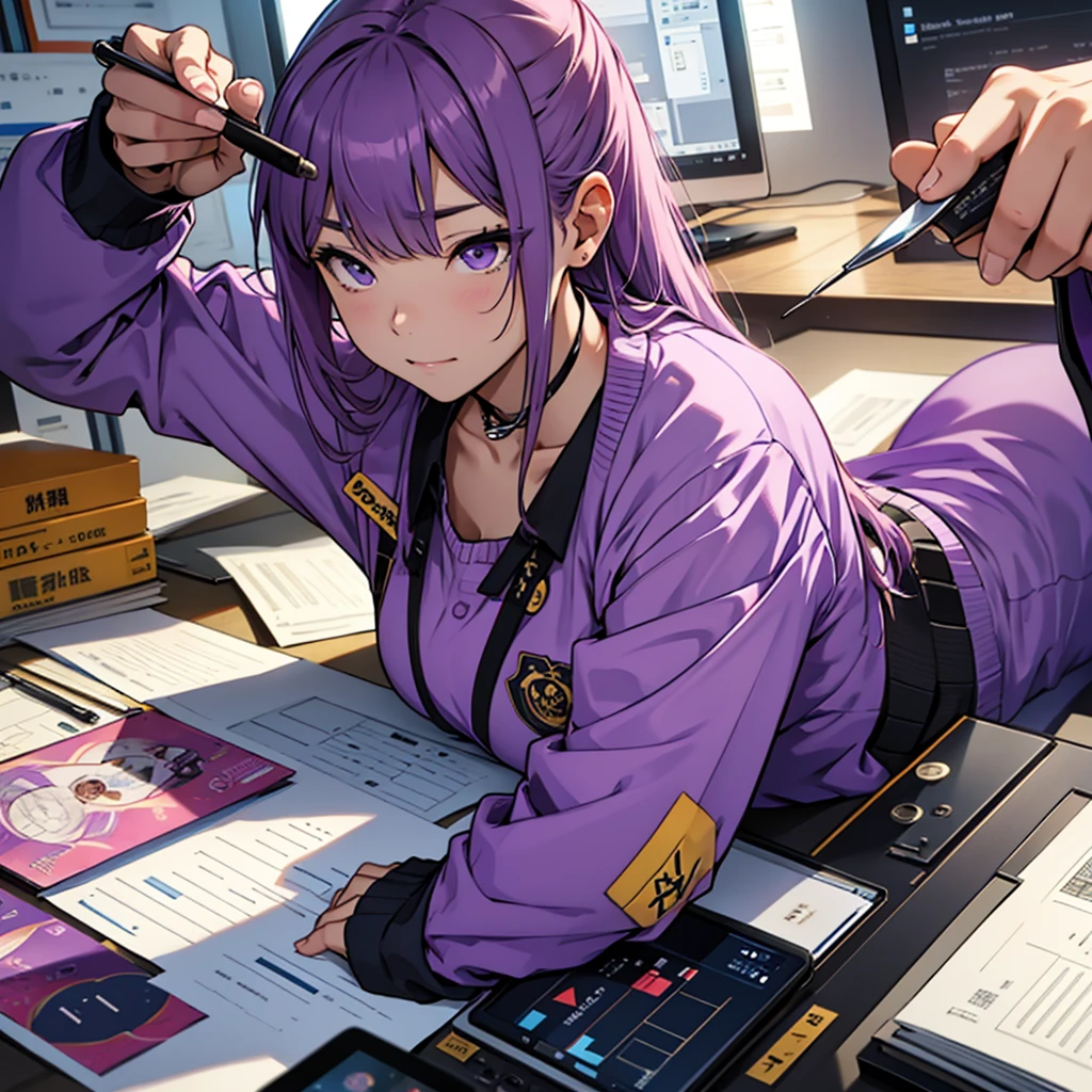 Imagine the MBTI Commander、Create a single, hard-working woman in purple.。