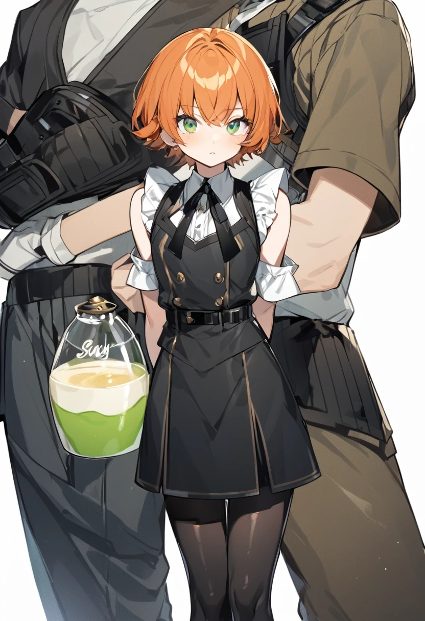 （One girl）、((short hair))、right orange hair、bangs、((boyish))、Crossdresser、((Dairy-free))、Healer、Black Vest、black leggings、White sleeveless、uniform、black gloves、say、green eye、arm behind back、White Background、