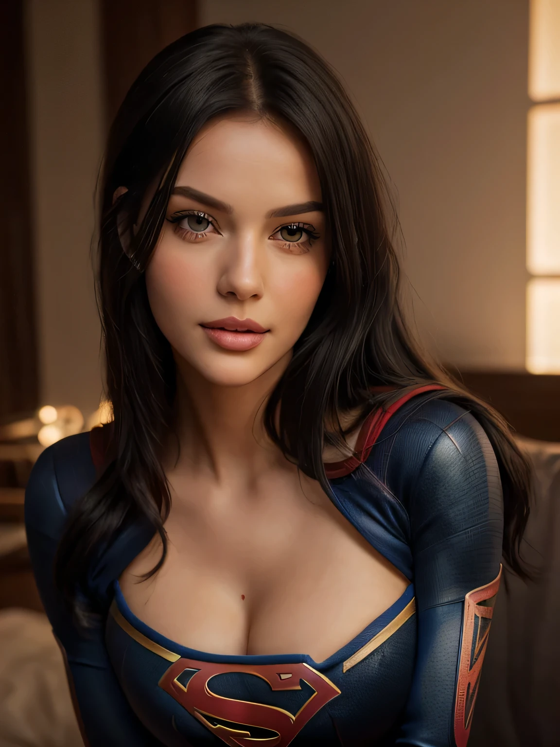 (best quality,4k,8k,highres,masterpiece:1.2),ultra-detailed,(realistic,photorealistic,photo-realistic:1.37),portrait, Carly ,beautiful detailed eyes,beautiful detailed lips,extremely detailed face,long eyelashes, sexy,soft lighting,subtle background,professional photography,vivid colors full body ,  by a fan, blushing face () full body (seductive) (ready for sex) (biting her lips) (Supergirl outfit) (long black hair),sexy