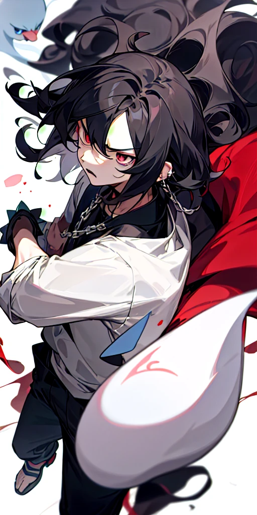 24 year old guy, short black wavy hair, Pokemon trainer, Dark/Ghost type pokemon trainer, annoyed expression, anime style, Rose Blige skin, silver chain, small earings