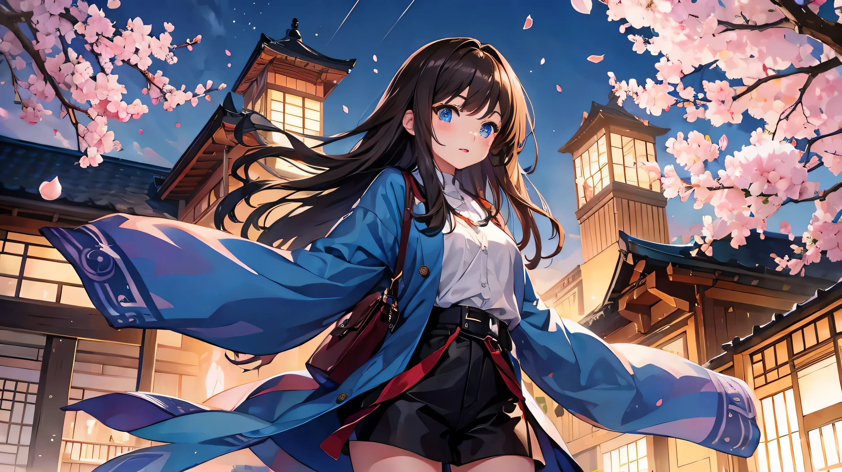 1 female、whole body、bottom angle、brown hair、long hair、well-groomed face、dense lips、Blue eyes、blue cardigan、valley、slim、black shorts、cherry blossoms、cherry blossoms snowstorm、petal、Kyoto、old buildings、night、full moon、masterpiece、ultra high resolution、delicate、perfect lighting、sunlight、16K