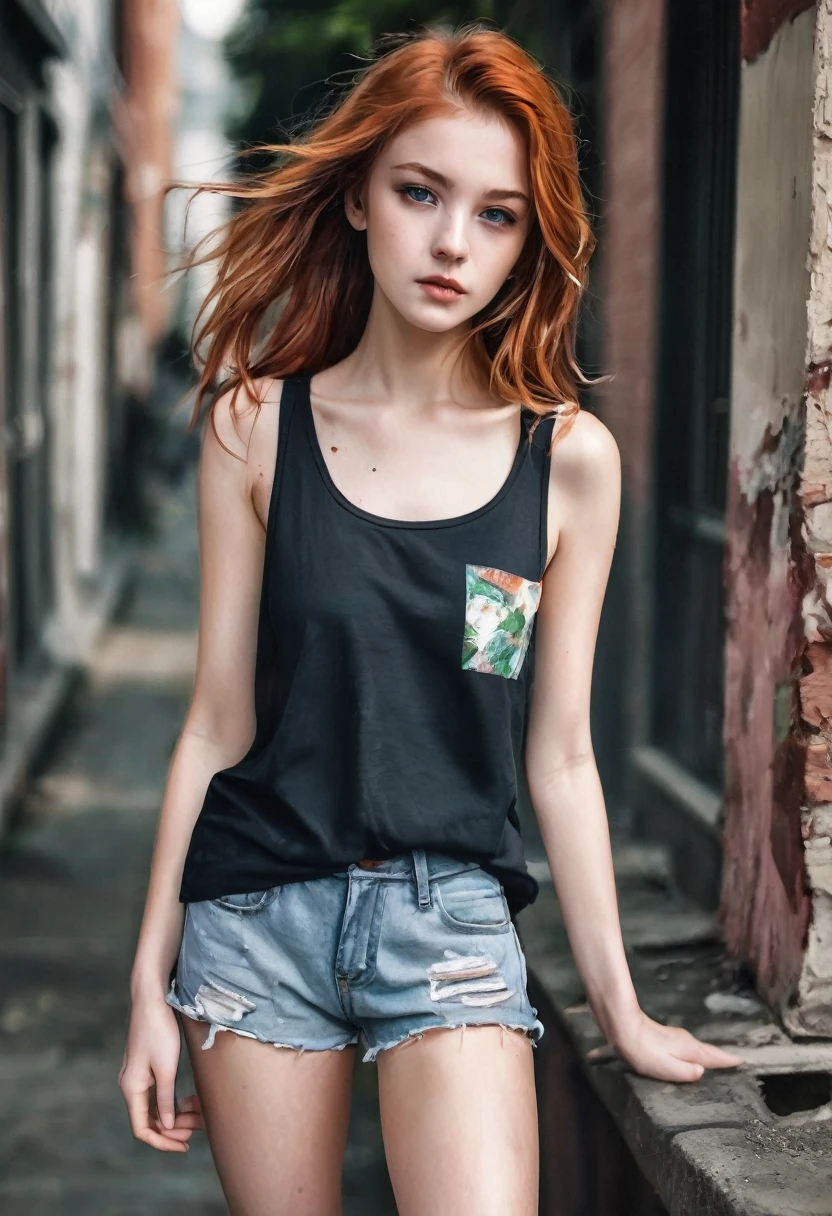 Beautiful eighteen year old girl, Copper hair, dark green eyes, subtle freckles, thin predatory nose, triangular face, correct facial structure, short wide loose tank top, falling from the shoulder, under the T-shirt the sharp nipples of her small, elastic breasts stand out, ripped denim shorts, sneakers, stockings up to the middle of the thigh, skateboard, A black rose in his hand, street, masterpiece, high detail, high quality, complex parts, Small parts, mascara, watercolor, high art, digital technologies