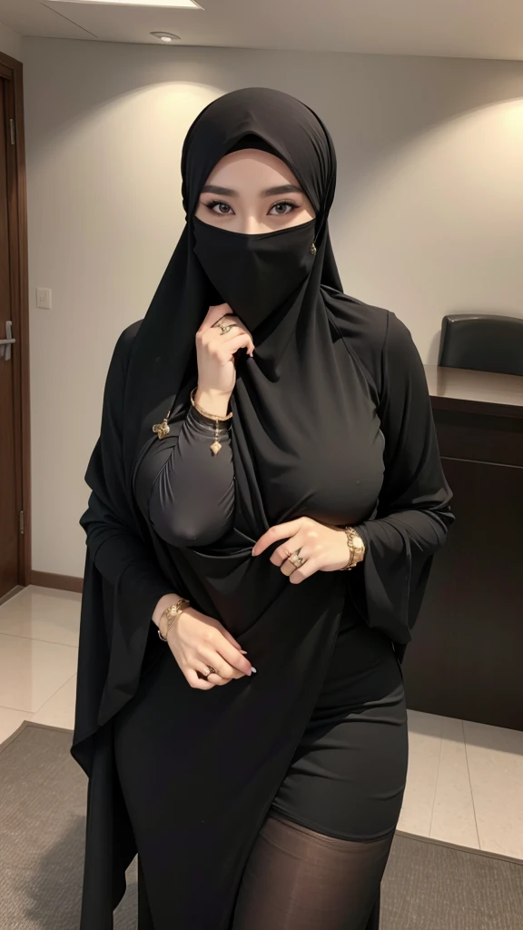 8K, high quality, nice lighting, soft lighting, realistic, dark eyes, sexy, big breasts, thighs, wide hips, arabic dress, black dress, Jewelry, sexy lady, asian, hijab, niqab, sexy pose, showing big thighs, nice body, natural largest breast, wearing rings for woman, office girl, sexy posing, hand sock, mature woman
