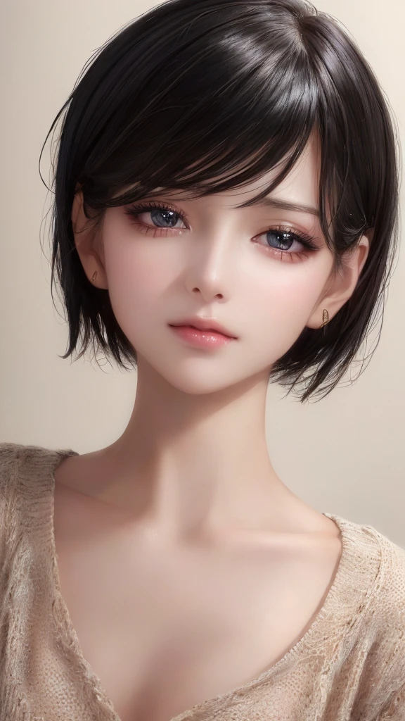 (masterpiece:1.3), (8k, photorealistic, RAW photo, best quality: 1.4), (1girl), beautiful face, (realistic face), (black hair, short hair:1.3), beautiful hairstyle, realistic eyes, beautiful detailed eyes, (realistic skin), beautiful skin, (sweater), absurdres, attractive, ultra high res, ultra realistic, highly detailed, golden ratio