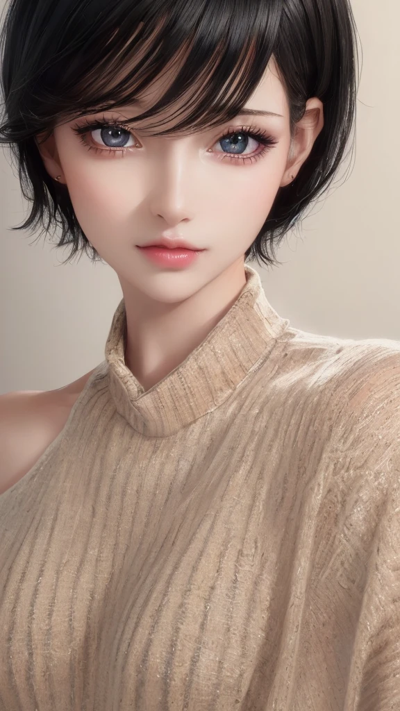 (masterpiece:1.3), (8k, photorealistic, RAW photo, best quality: 1.4), (1girl), beautiful face, (realistic face), (black hair, short hair:1.3), beautiful hairstyle, realistic eyes, beautiful detailed eyes, (realistic skin), beautiful skin, (sweater), absurdres, attractive, ultra high res, ultra realistic, highly detailed, golden ratio