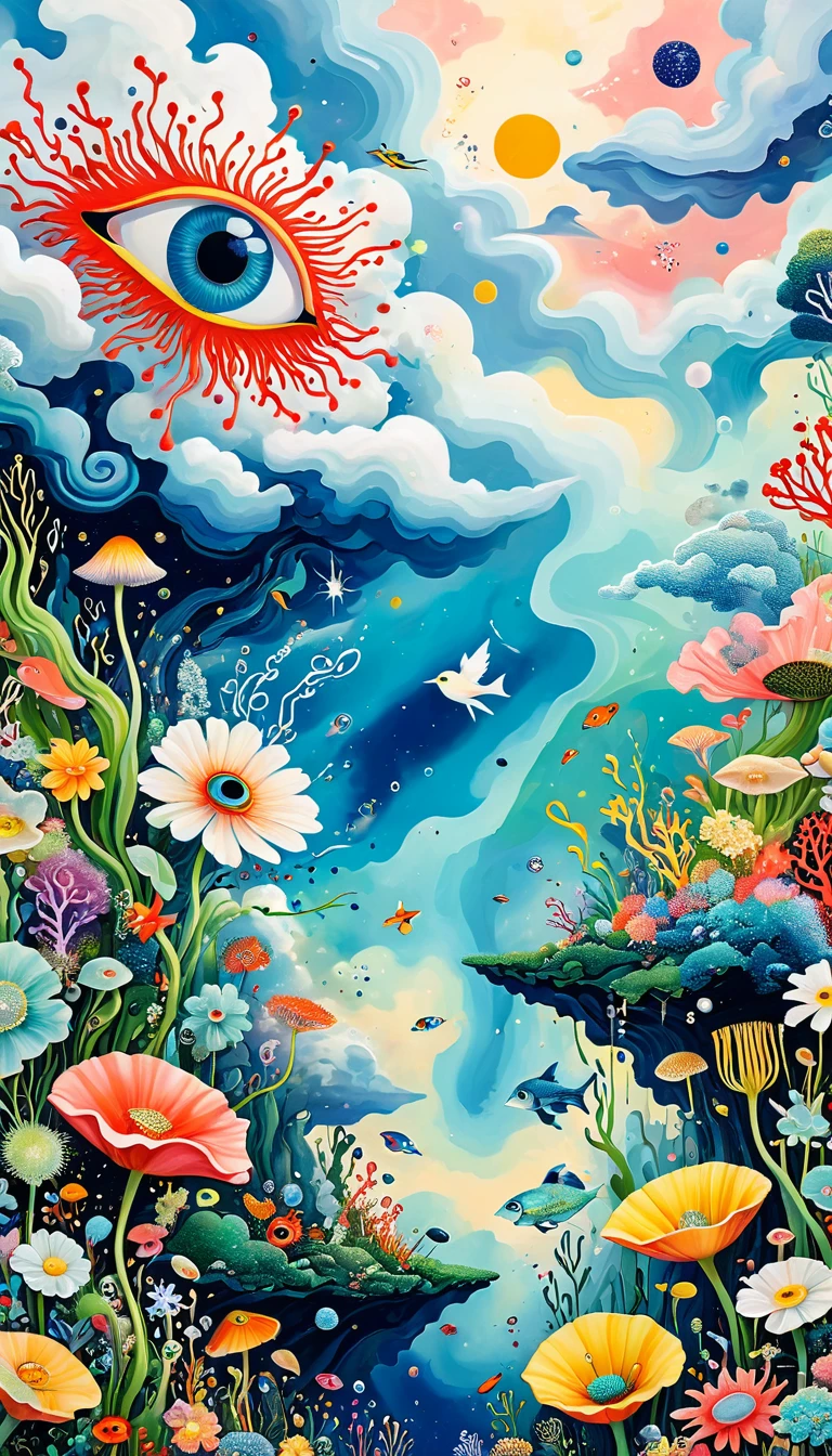 Children's graffiti,Artists from the stars，Child，joy， Soft coral close-up、Eruption Cloud、sky、flowesh、章fish触手瀑布。、bird、Eye、diatom，Abstract mosaic painting，Describing the inner world of autistic people，Large area of white，interesting，Innocence，Vision，Psychedelic Art，
