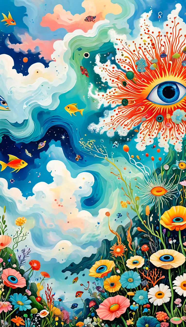 Children's graffiti,Artists from the stars,Child,joy, Soft coral close-up、Eruption Cloud、sky、flowesh、章fish触手瀑布。、bird、Eye、diatom,Abstract mosaic painting,Describing the inner world of autistic people,Large area of white,interesting,Innocence,Vision,Psychedelic Art,