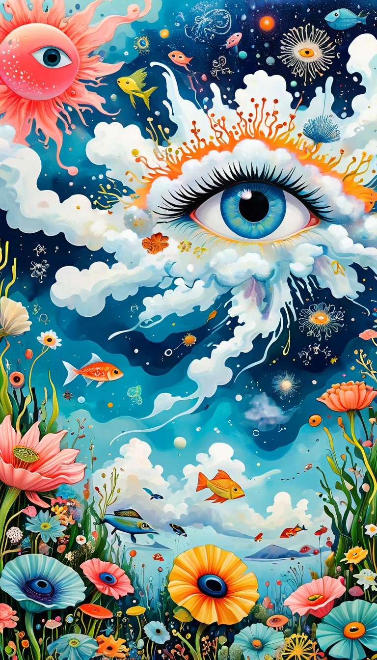 Children's graffiti,Artists from the stars,Child,joy, Soft coral close-up、Eruption Cloud、sky、flowesh、章fish触手瀑布。、bird、Eye、diatom,Abstract mosaic painting,Describing the inner world of autistic people,Large area of white,interesting,Innocence,Vision,Psychedelic Art,