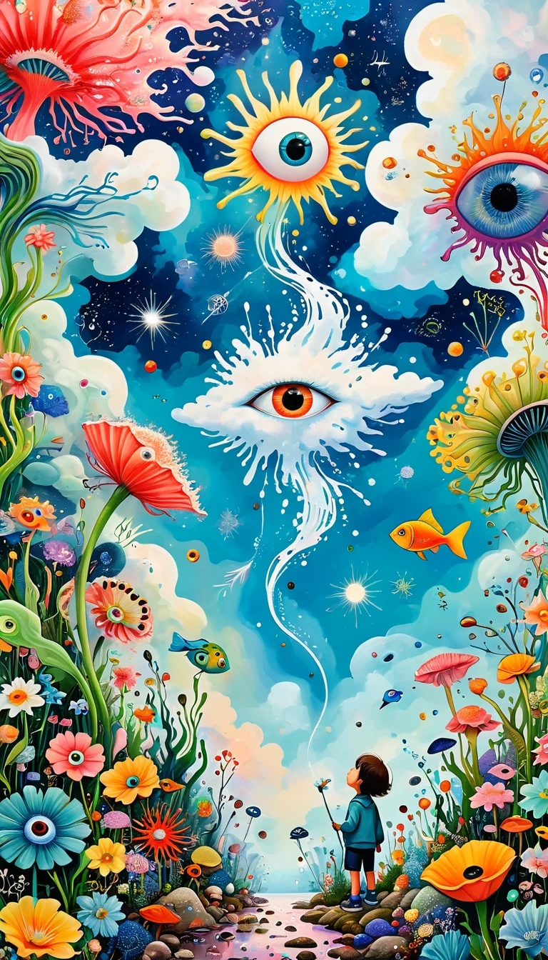 Children's graffiti,Artists from the stars,Child,joy, Soft coral close-up、Eruption Cloud、sky、flowesh、章fish触手瀑布。、bird、Eye、diatom,Abstract mosaic painting,Describing the inner world of autistic people,Large area of white,interesting,Innocence,Vision,Psychedelic Art,