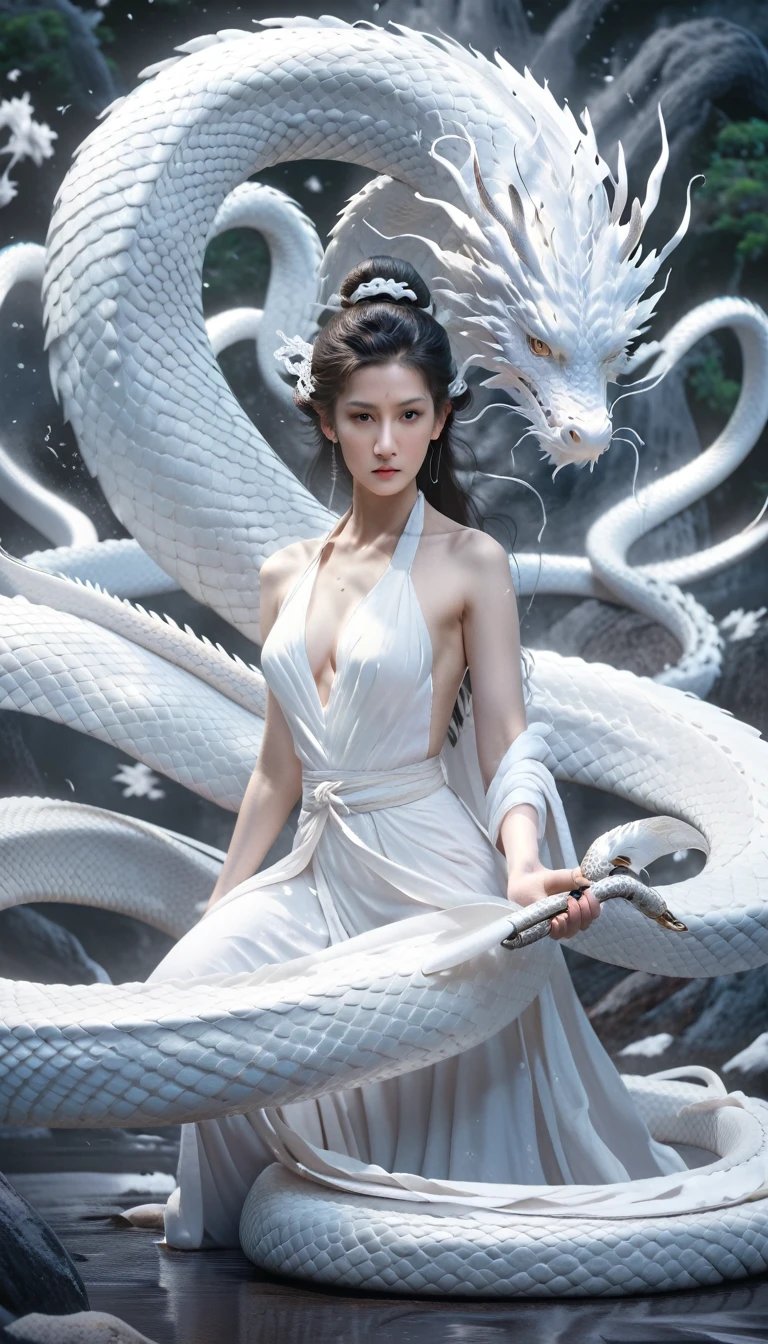 do, Highest quality, Realistic, Cinematic, Detailed face, 8k, Ultra-high resolution, Sharp focus cinematic photography , Highest quality, Super detailed, 8k, mysterious,白い蛇とbeautiful女性,Big white snake,dragon,Asian,Pure white skin,beautiful、goddess