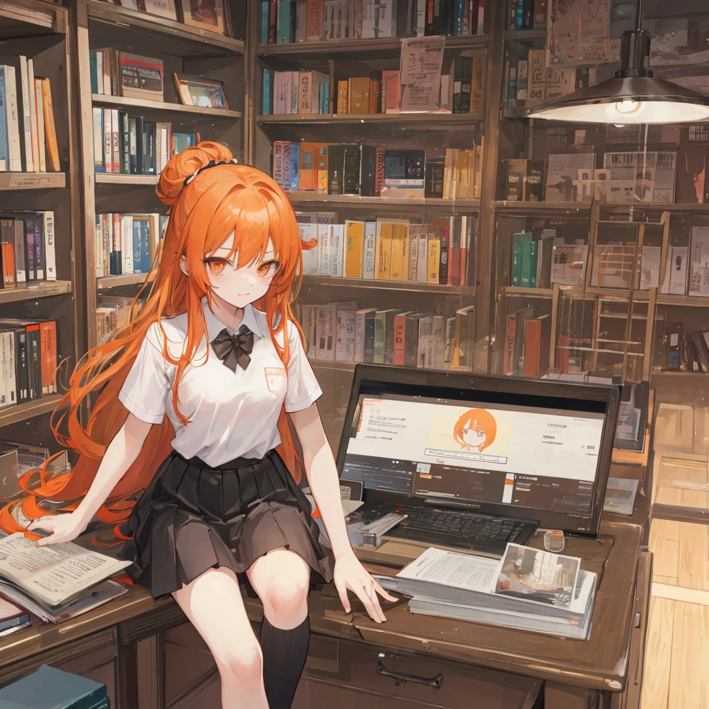 Long Hair、Orange Eyes、Orange Hair、Small breasts、Hair in a bun and down、White polo shirt、Black Skirt、JK、School、Library at dusk、One foot on the desk、The entire window is triangular、Well-appointed room、laughing