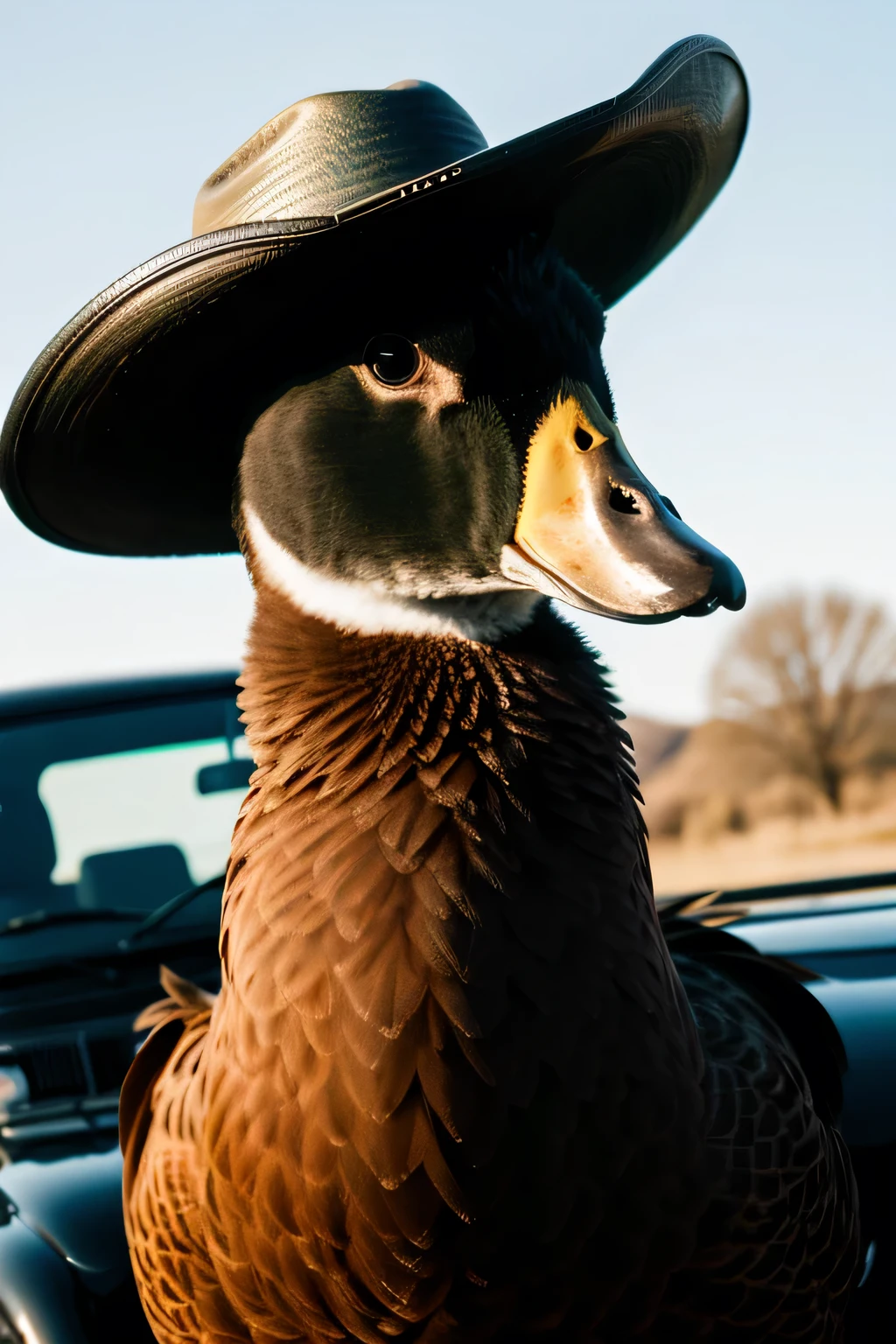 Ace a duck in a tinted black truck with a cowboy hat