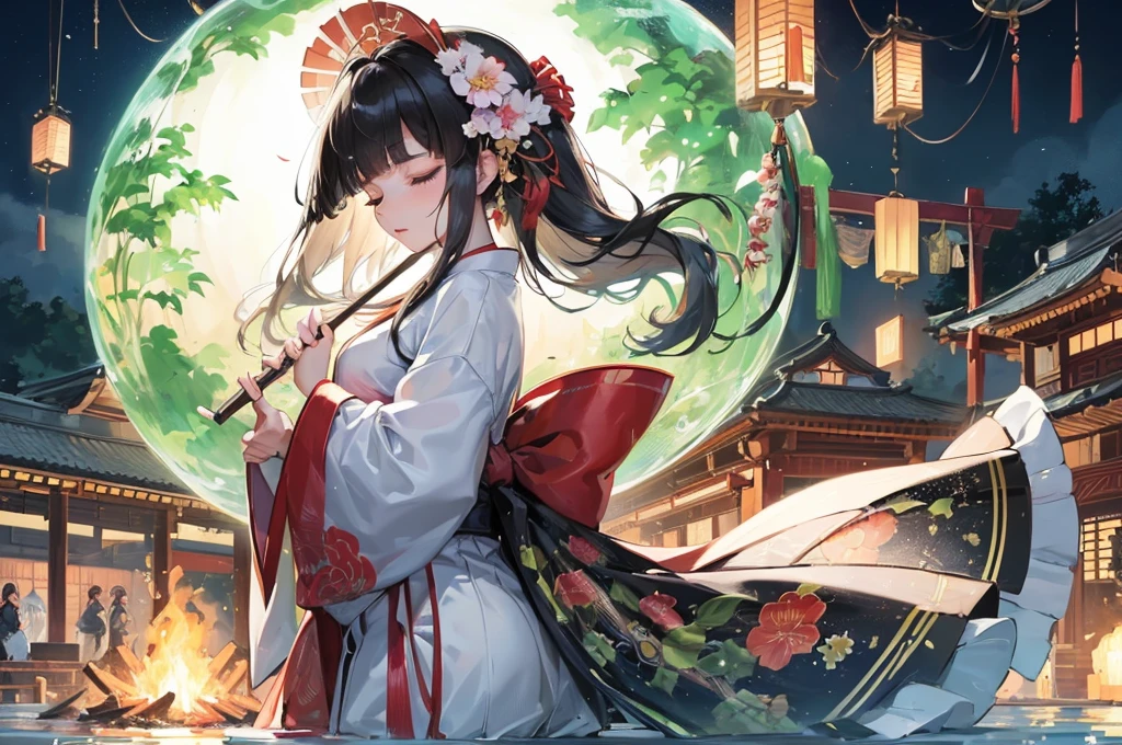 (profile, panoramic, beautiful style), (Kagura Dance), (solo:2, 15 yo), (beautiful blunt bangs:1.3) (beautiful detailed black hair, long hair) (shrine maiden sexy girl, sexy closed eyes, glossy lip), hand holding detailed biggest Folding fan with double exposure:1.3 green), break, in the night water festival scaffold, BREAK, perfect anatomy, masterpiece, best quality, 16k, beautiful detailed campfire, daydreaming expression.