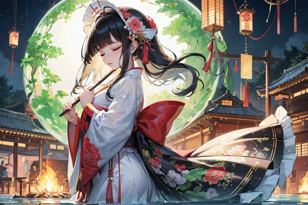 (profile, panoramic, beautiful style), (Kagura Dance), (solo:2, 15 yo), (beautiful blunt bangs:1.3) (beautiful detailed black hair, long hair) (shrine maiden sexy girl, sexy closed eyes, glossy lip), hand holding detailed biggest Folding fan with double exposure:1.3 green), break, in the night water festival scaffold, BREAK, perfect anatomy, masterpiece, best quality, 16k, beautiful detailed campfire, daydreaming expression.