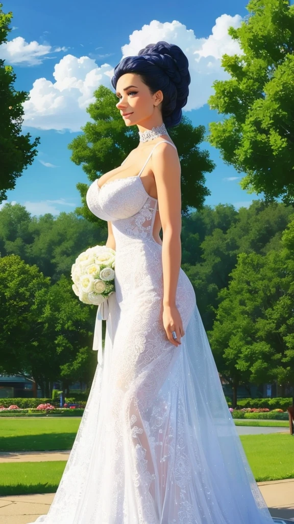 Marge Simpson with huge breasts in a lace micro bra and wedding dress with veil and bouquet in a park in Springfield